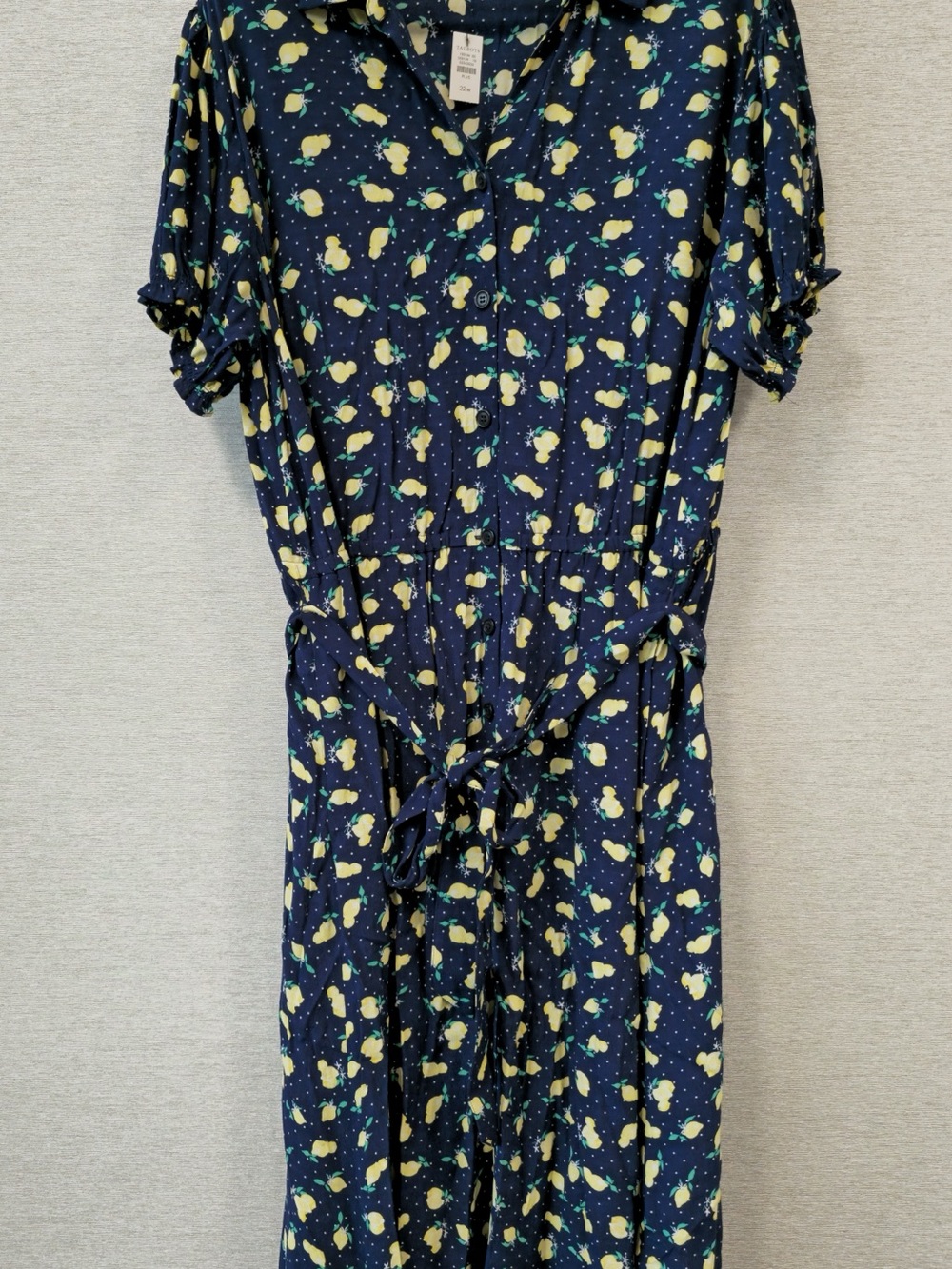 Talbots Navy and Yellow Lemon-Print Midi Shirt Dress